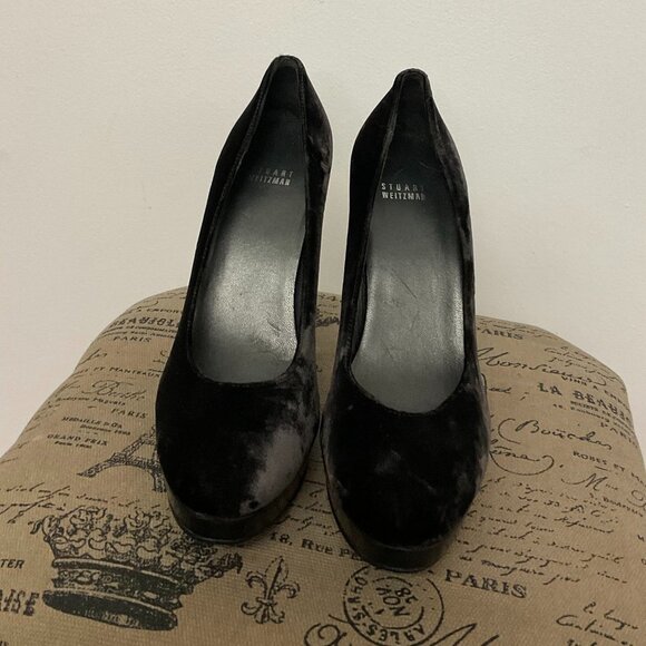 Stuart Weitzman Velvet Stiletto Heels Pumps Round Toe Size 9US Black - Picture 2 of 4